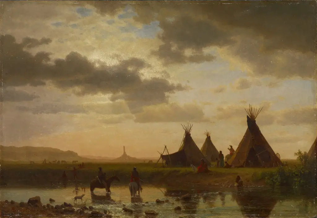 View of Chimney Rock, Ohalilah Sioux Village in the Foreground in Detail Albert Bierstadt
